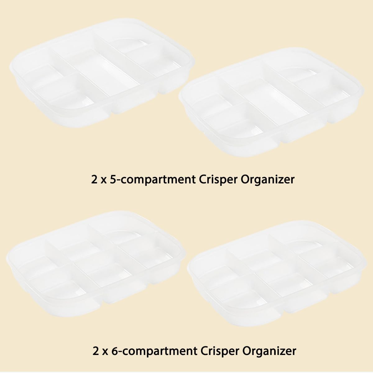 Divided Vegetable Tray with Lid，5 Compartments + 6 Compartments Snack Box - Clear Refrigerator Organizer - Plastic Food Storage Containers for Snacks, Fruits, Vegetables, Salads and Meat（4Pcs