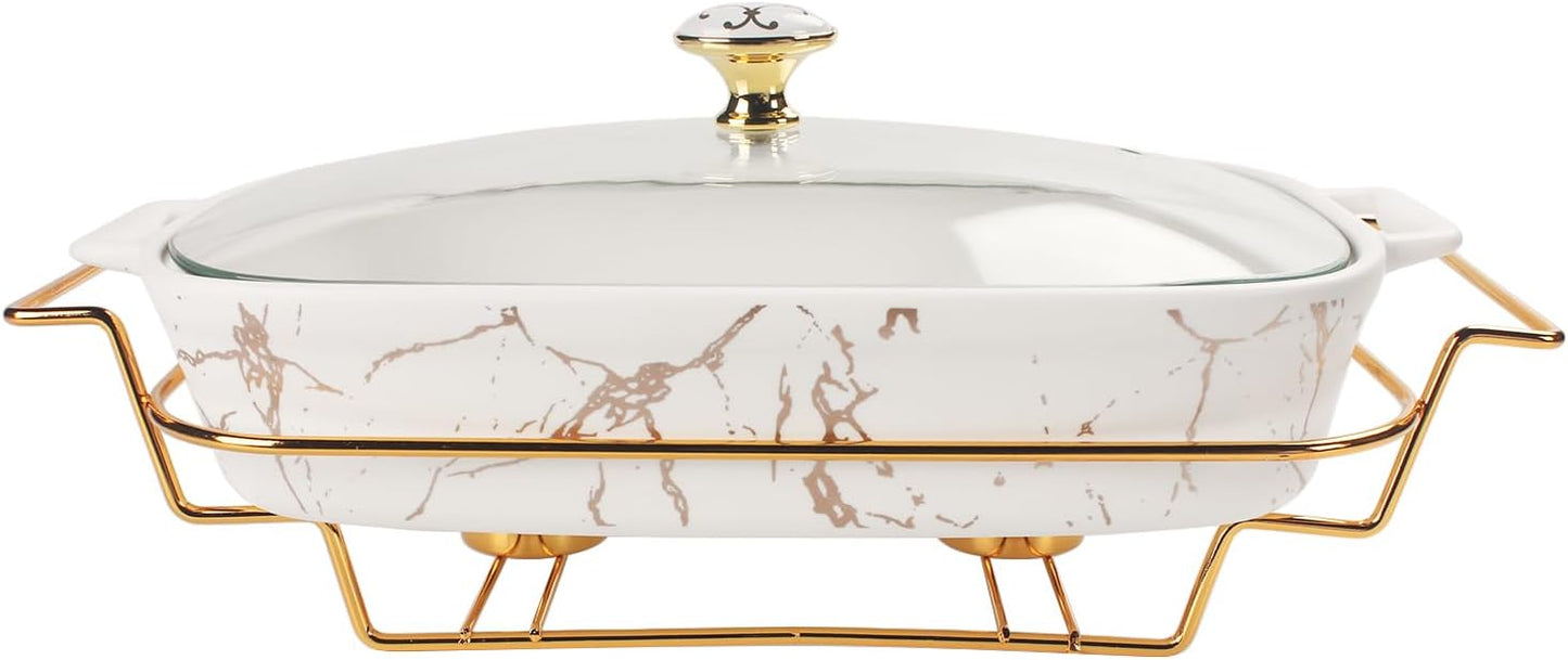 13" x 9" Ceramic Casserole Dish with Glass Lid and rack, 2.2 Quart Serving Soup Tureen,Chafing Dish for Buffet, Family Food preserve Tray, Catering Casserole for Party Style