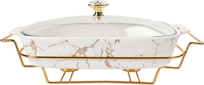 13" x 9" Ceramic Casserole Dish with Glass Lid and rack, 2.2 Quart Serving Soup Tureen,Chafing Dish for Buffet, Family Food preserve Tray, Catering Casserole for Party Style