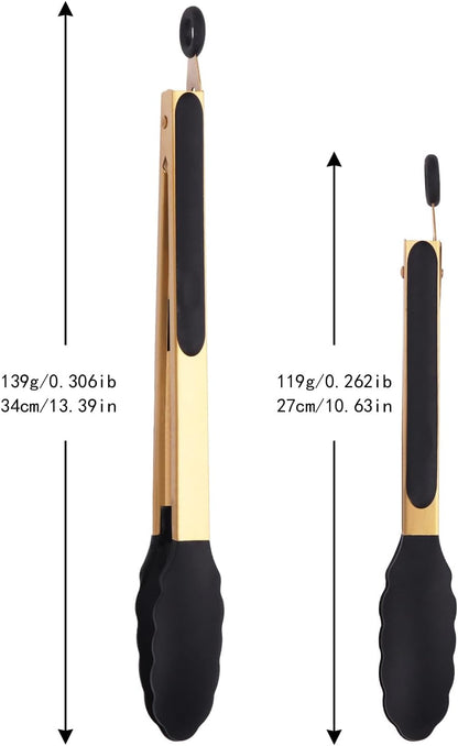 2-Piece Kitchen Spatula Tongs Food Serving Tongs 9" and 12" Cooking with BPA Free Silicone Tips, Toaster Steak Pie Pizza Pasta Spaghetti Noodles Salad Grill BBQ Buffet Clamp Serving Tools(Gold)
