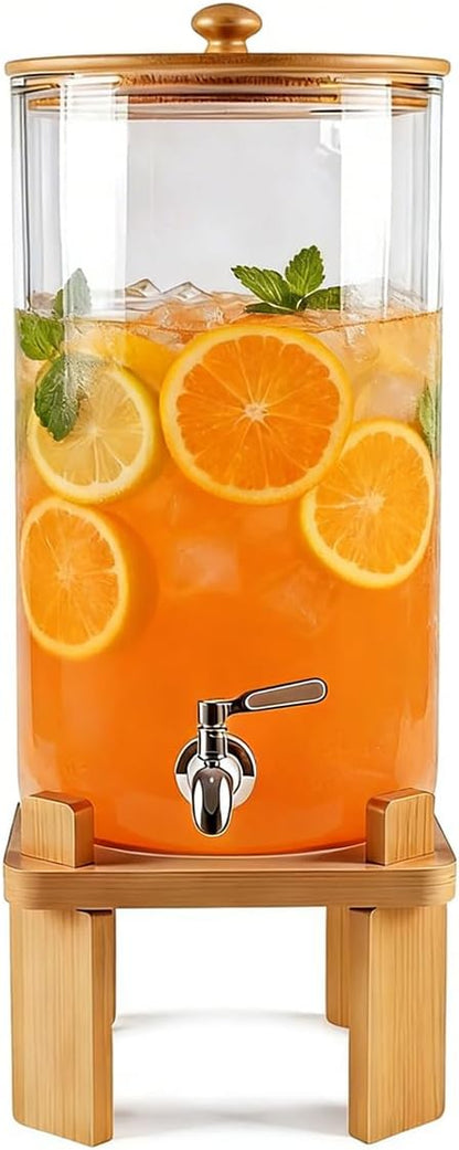 2.3 Gallon Large Glass Drink Dispenser for Parties, Glass Beverage Dispenser with Wood Stand, Juice & Lemonade Dispenser, Iced Beverage Dispenser with Spigot, Water Dispenser for Party with lid