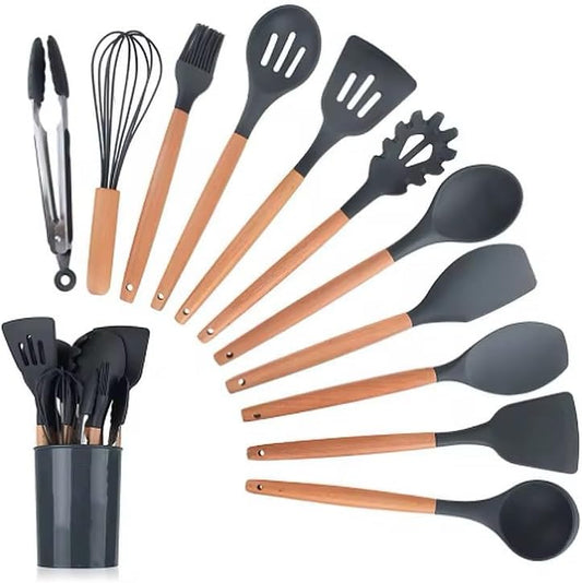 Silicone Kitchen Utensil Set with Holder, 12-Piece, Heat Resistant,Black,Red,Grey Colors Available (Grey)