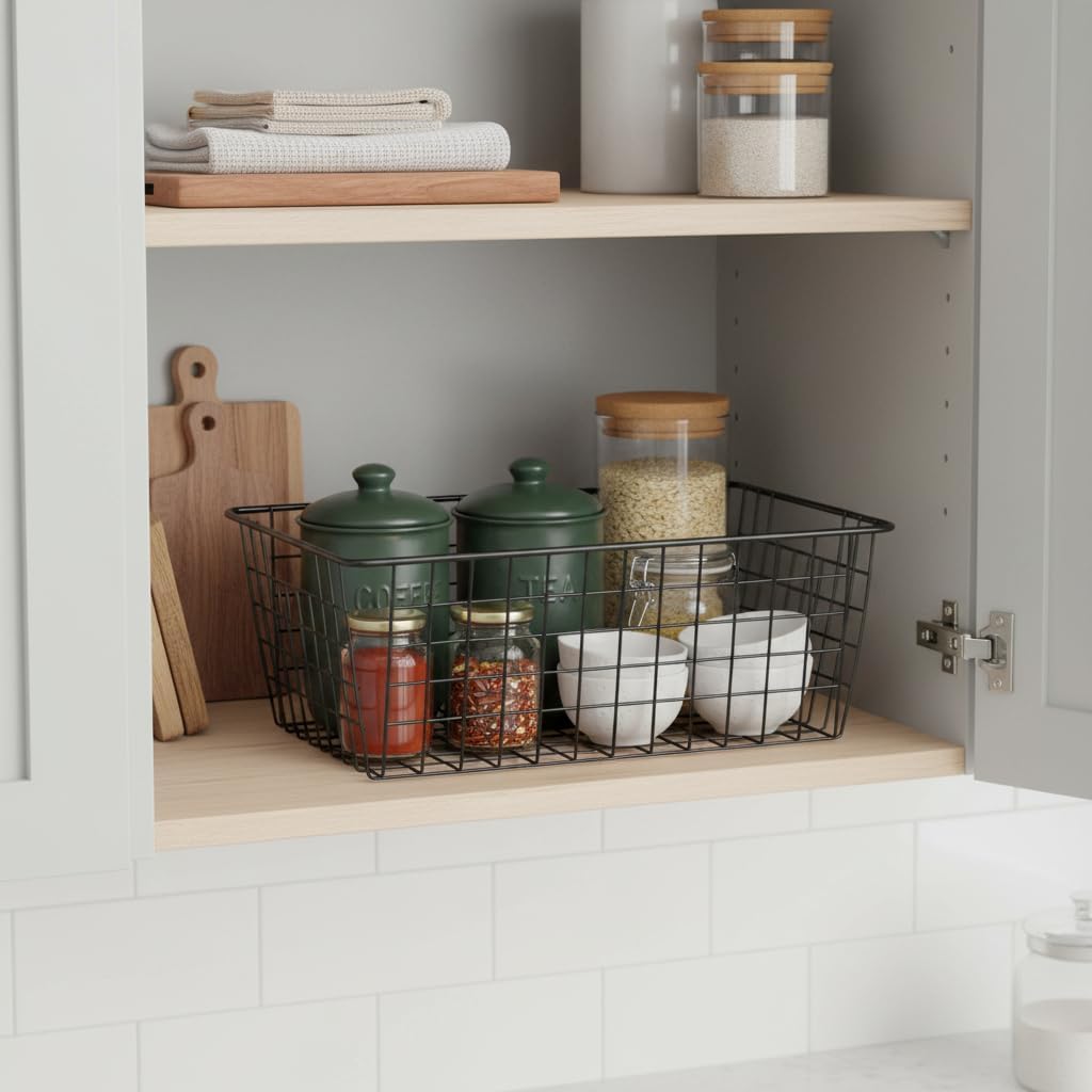 Metal White Wire Basket,Food Storage Organizer with Wooden Handles, pantry organizers and storage for Organizing Kitchen Cabinets potato onion, 2 Packs