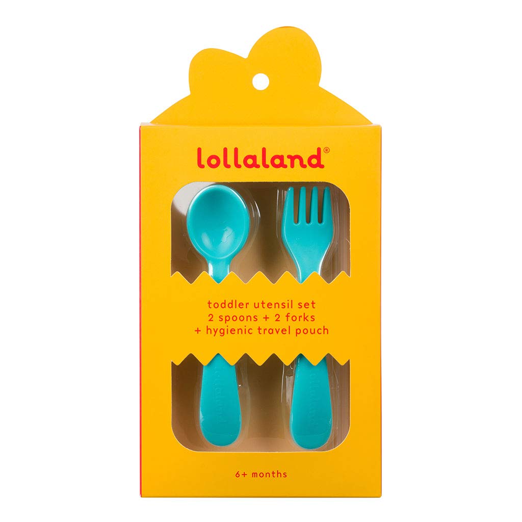 Lollaland 5 Piece Plastic Toddler Silverware Spoon and Fork Utensil Set - Reusable Toddler Cutlery With Hygienic Travel Pouch (Pink)
