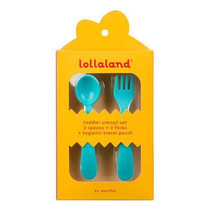 Lollaland 5 Piece Plastic Toddler Silverware Spoon and Fork Utensil Set - Reusable Toddler Cutlery With Hygienic Travel Pouch (Pink)