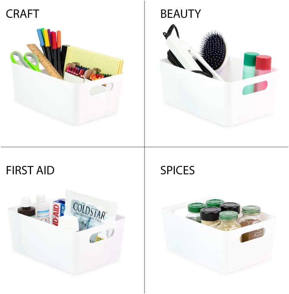 Isaac Jacobs 3-Pack XL White Storage Bin (13.9” x 10.6” x 5.75”) Set w/Cut-Out Handles, Plastic Organizer, Multi-Use, Home, Office, Pantry, Closet, Kitchen