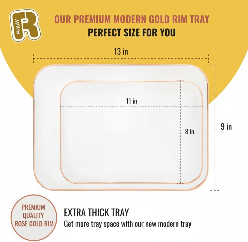 R-kay 3 Pack White Plastic Serving Trays for Party - Rectangular, 8 by 11 in, Heavy Duty Dessert Trays for Food