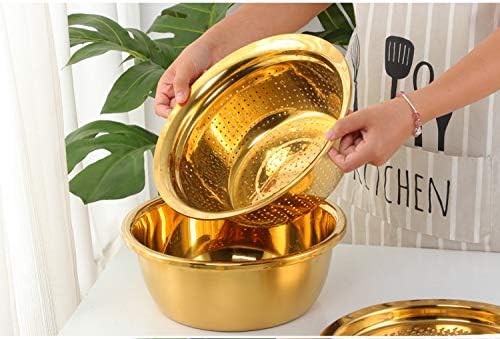3PC/Set Colander set Stainless Steel Vegetable Slicer Fruit Potato Peeler Carrot Grater Strainer Utensil Round Rice Washer Bowl Drain Basket-Gold