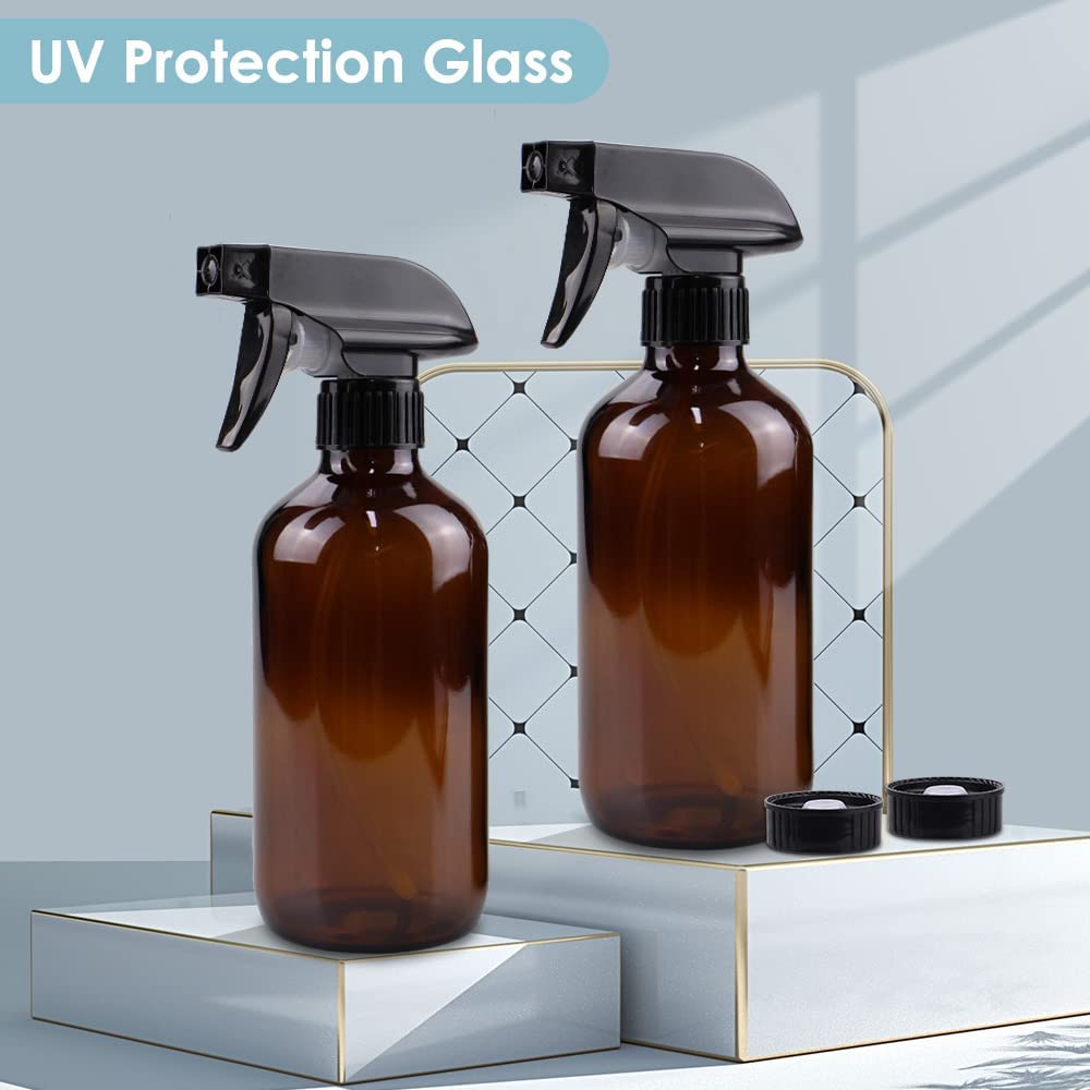 Bontip Glass Spray Bottle 16 oz for Cleaning, Plants (2 Pack, Amber)