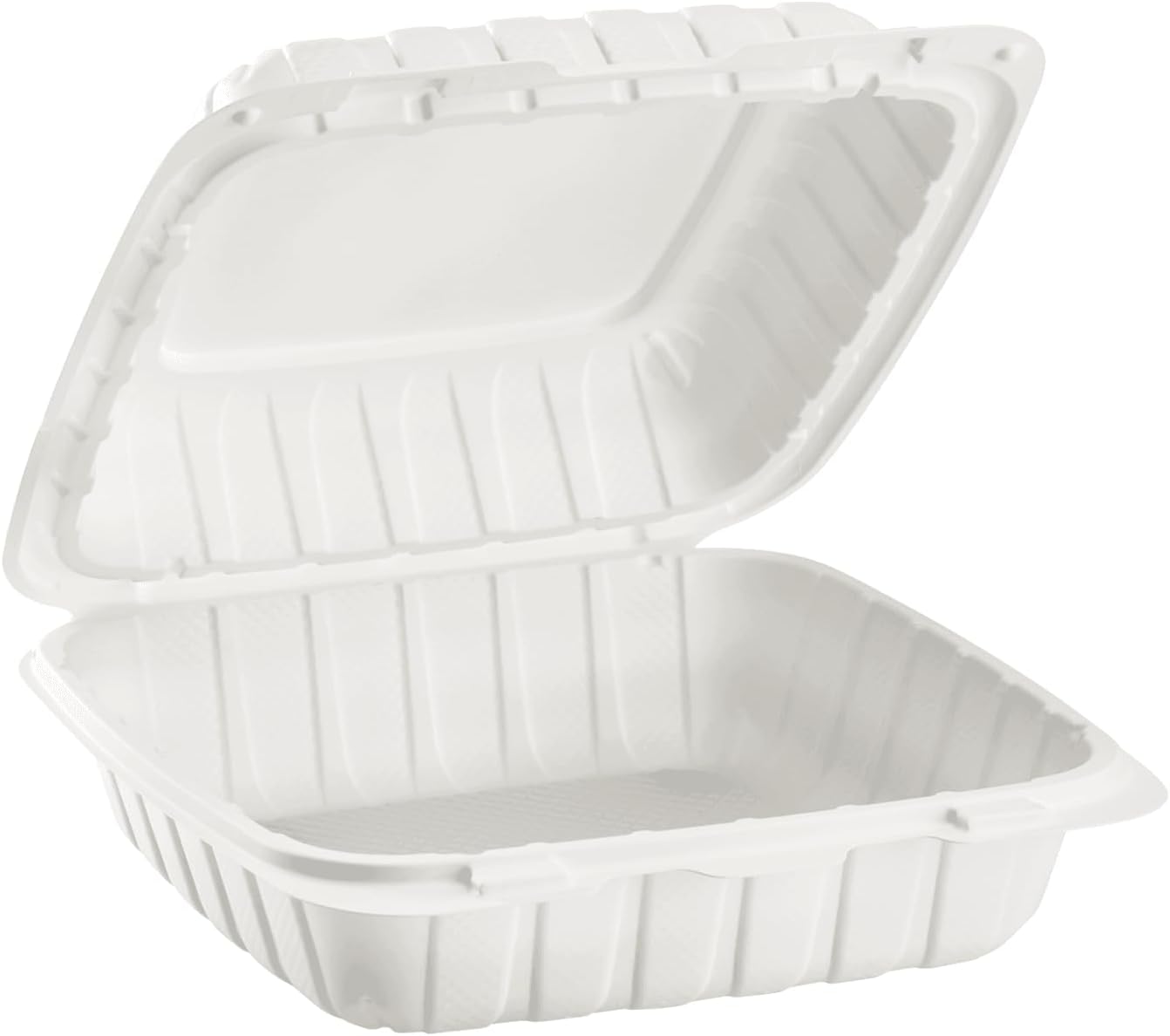 KARAT EARTH Clamshell Take Out Food Containers [8"x8" - 200 ct] To Go Containers | 3 Compartment, Soak-Resistant, Durable, Stackable | Vented for Hot/Cold Foods, White
