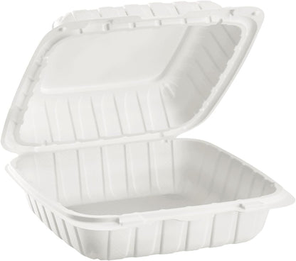 KARAT EARTH Clamshell Take Out Food Containers [8"x8" - 200 ct] To Go Containers | 3 Compartment, Soak-Resistant, Durable, Stackable | Vented for Hot/Cold Foods, White