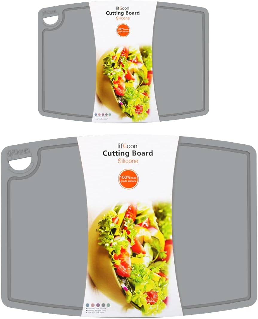 Liflicon Silicone Thick Cutting Boards Mats Set of 3 Foldable & Flexible Design Juice Grooves Easy Grip Handle Dishwasher Safe for Kitchen,BPA free Silicone Cutting Board-Gray