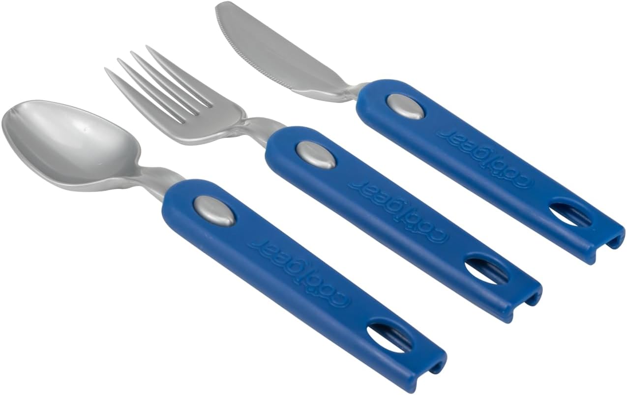 COOL GEAR 3-Pack Travel Reusable Utensil Set with Slider Carry Case | Portable Knife, Fork, Spoon Silverware, Eco-Friendly Cutlery for Camping, Picnics, Kids & Adults - Gray, Pink, & Blue
