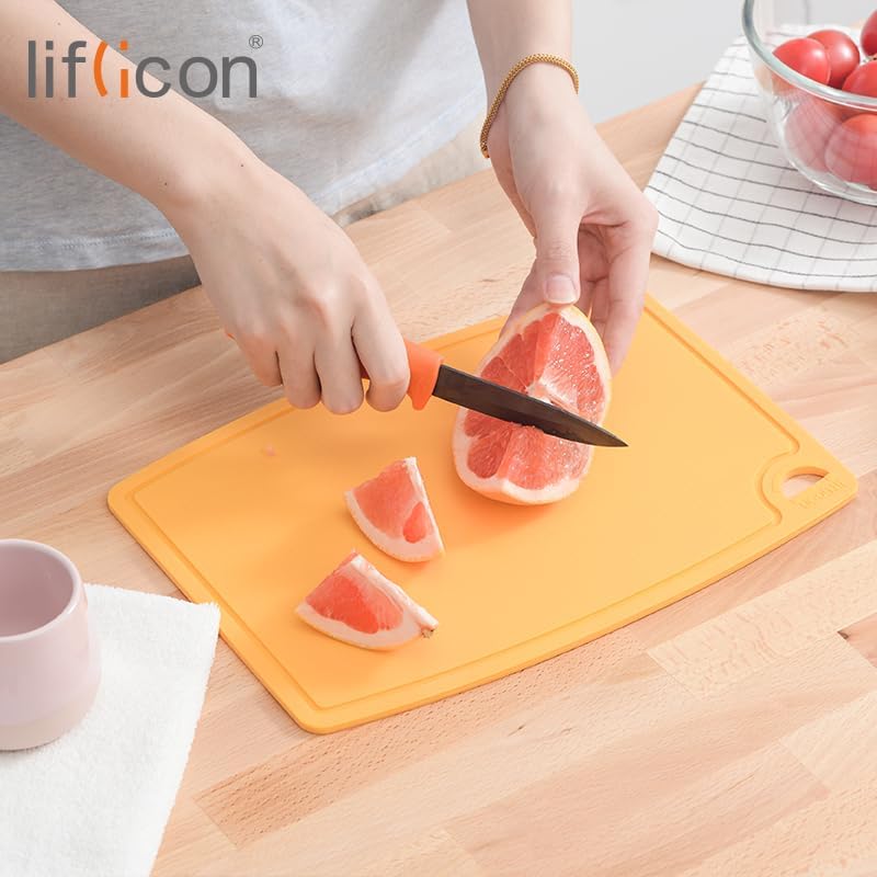Liflicon Thick Cutting Boards for Kitchen Silicone Chopping Board Set of 2 Mid 12.6'' x 9.1”,Mini 9.1”x7.1” Non-slip Deep Drip Juice Groove Easy Grip Handle,Dishwasher Safe-Red
