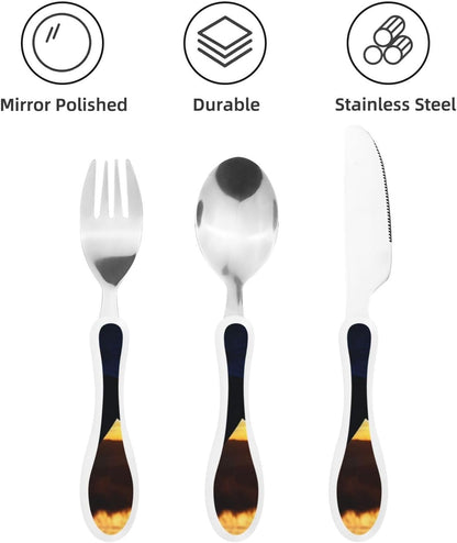 3-Piece Kids Silverware Set With Storage Case, Stainless Steel Reusable Children Safe Knife Spoon Fork Set Blue Active Girl Running Sunset Children Flatware Set For Kids Lunch Box - Colors B