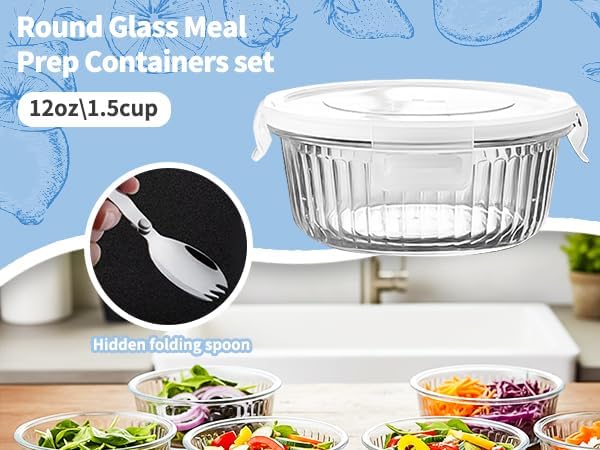 H.JSS WDJS 3Cup Round Glass Food Storage Containers with Airtight lids, 23oz Glass Meal Prep Containers, Heat-Resistant BPA-Free for Soup Leftover, Microwave, Dishwasher and Fridge Safe (white-4Pack)