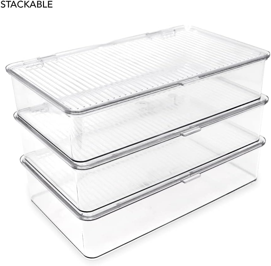Isaac Jacobs Medium Stackable Organizer Bin (10.75”x6.5”x3.7”) w/ Hinged Lid, Clear Storage Box, Home, Office, School, Fridge, Bathroom, Kitchen, Pantry Container, BPA-Free, Food Safe (Medium, Clear)