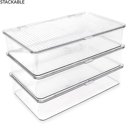 Isaac Jacobs Medium Stackable Organizer Bin (10.75”x6.5”x3.7”) w/ Hinged Lid, Clear Storage Box, Home, Office, School, Fridge, Bathroom, Kitchen, Pantry Container, BPA-Free, Food Safe (Medium, Clear)