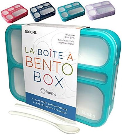 kinsho Bento Lunch-Box Set for Kids includes Snack Container | 6 and 3 Compartment Boxes Leakproof School Bentos, Meal Portion Control Containers, Boys Girls Adults, Navy Blue Large + MINI 2 Pack Set