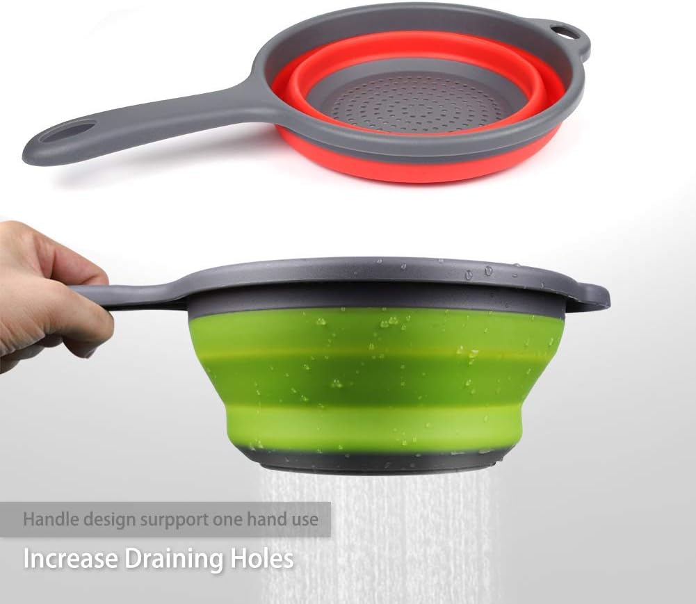 Foldable Silicone Strainer Colanders with Handles, Green and Red, 2 Pack