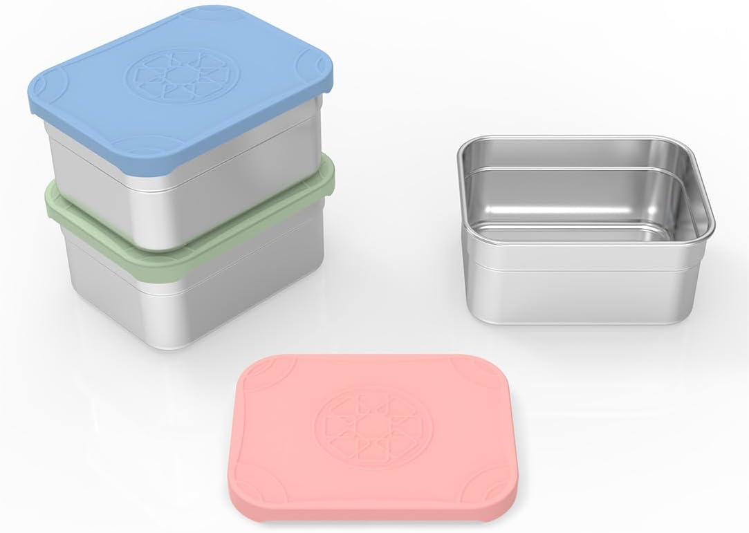 Caperci 25oz Stainless Steel Food Containers, 3-Pack Bento Lunch Box with Silicone Lids, Leak-Proof Reusable Meal Prep Container for Sandwiches & Snacks, BPA-Free (720ML)