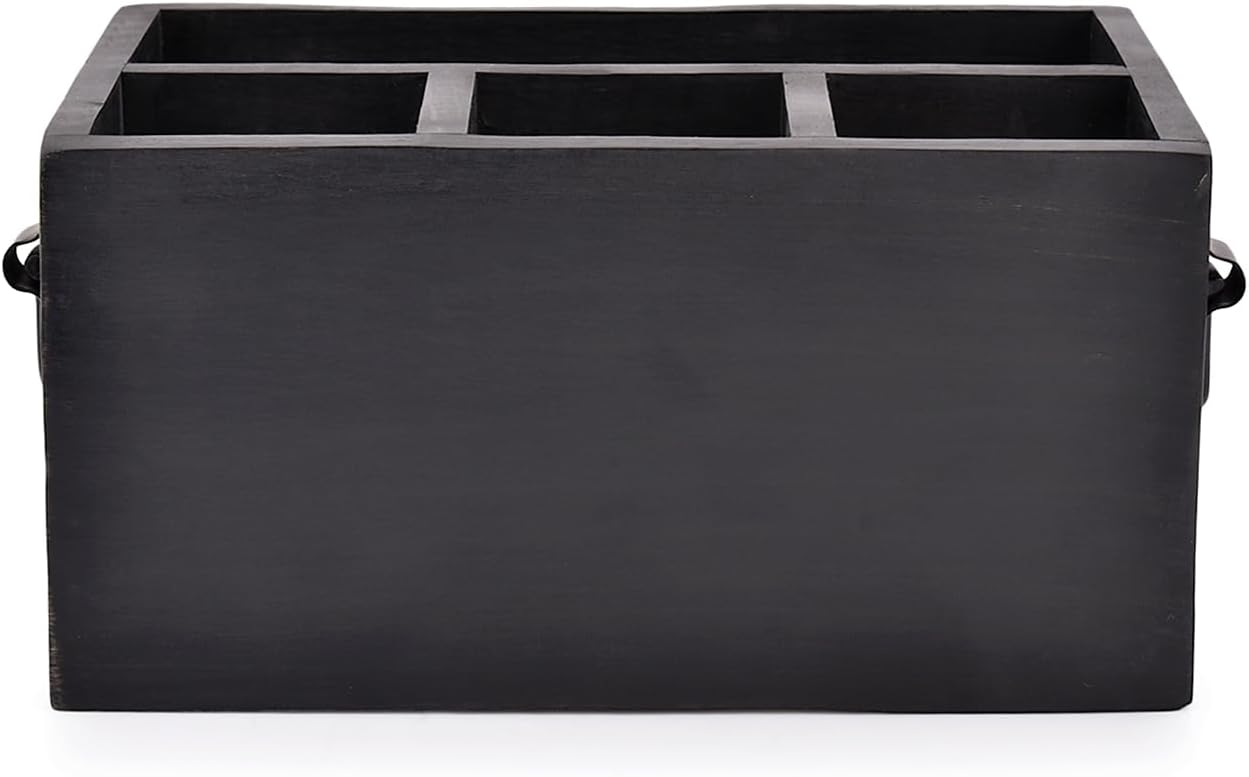 EDHAS Mango Wood 4 Compartment Flatware Caddy, Cutlery Utensil Holder with Napkin Holder for Kitchen, Dining, Picnics (10" x 6" x 5")