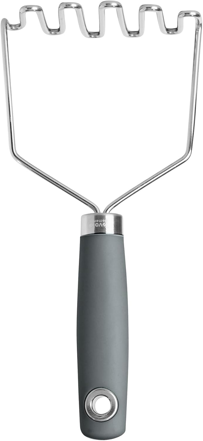 Tovolo Elements Stainless Steel Masher Tool for Mashing Potatoes Avocado Vegetables & More, Dishwasher Safe Potato Masher with Comfort Grip Handle Hanging Loop for Convenient Storage, Charcoal Gray