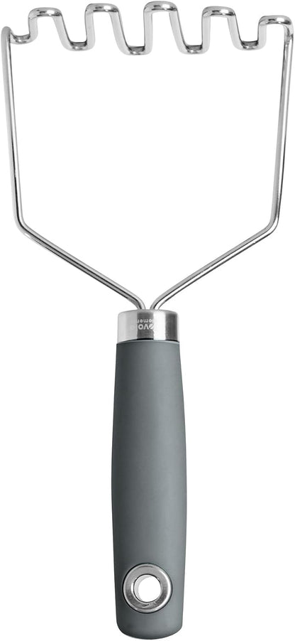 Tovolo Elements Stainless Steel Masher Tool for Mashing Potatoes Avocado Vegetables & More, Dishwasher Safe Potato Masher with Comfort Grip Handle Hanging Loop for Convenient Storage, Charcoal Gray