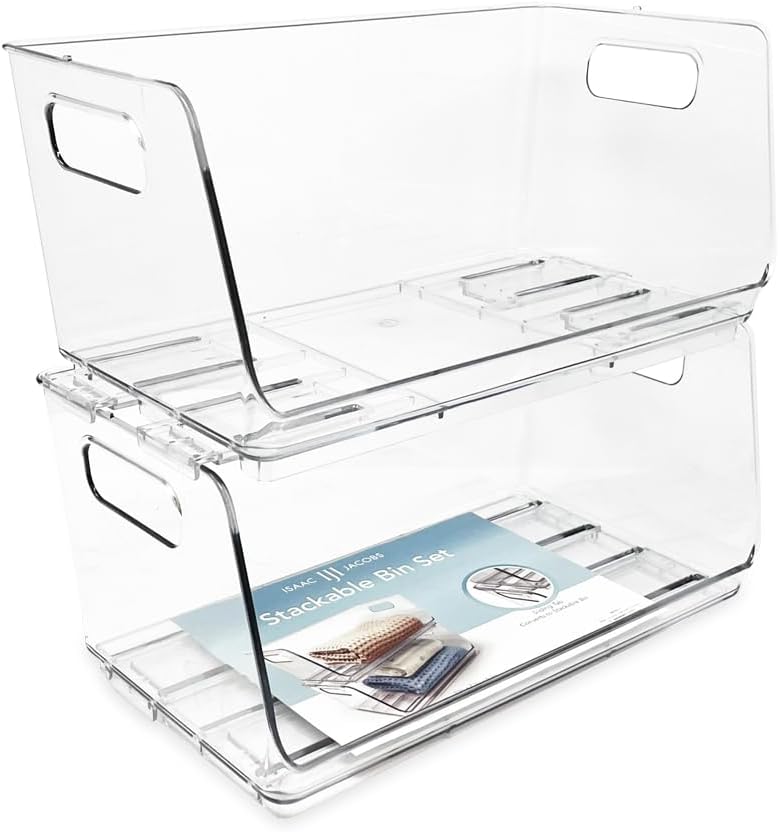 Isaac Jacobs 2-Piece (16" x 12" x 6.1") X-Large Wide Stackable Clear Storage Bins w/Open Front, Versatile Use, Set of 2, Desk, Office, Bathroom, Bedroom, Closet