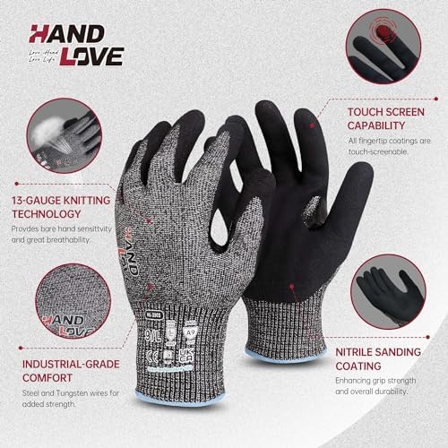 HandLove Cut Resistant Gloves – ANSI A9 Cut Proof Safety Work Gloves | Sandy Nitrile Anti-Slip, Touchscreen, Durable, PFAS Free | Wood Carving, Gardening, Glass Cutting, Car Repair – Yellow,1Pair,M