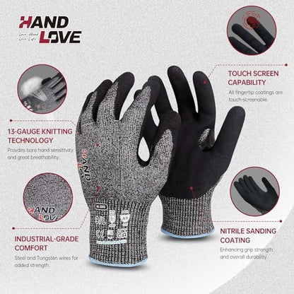 HandLove Cut Resistant Gloves – ANSI A9 Cut Proof Safety Work Gloves | Sandy Nitrile Anti-Slip, Touchscreen, Durable, PFAS Free | Wood Carving, Gardening, Glass Cutting, Car Repair – Yellow,1Pair,M