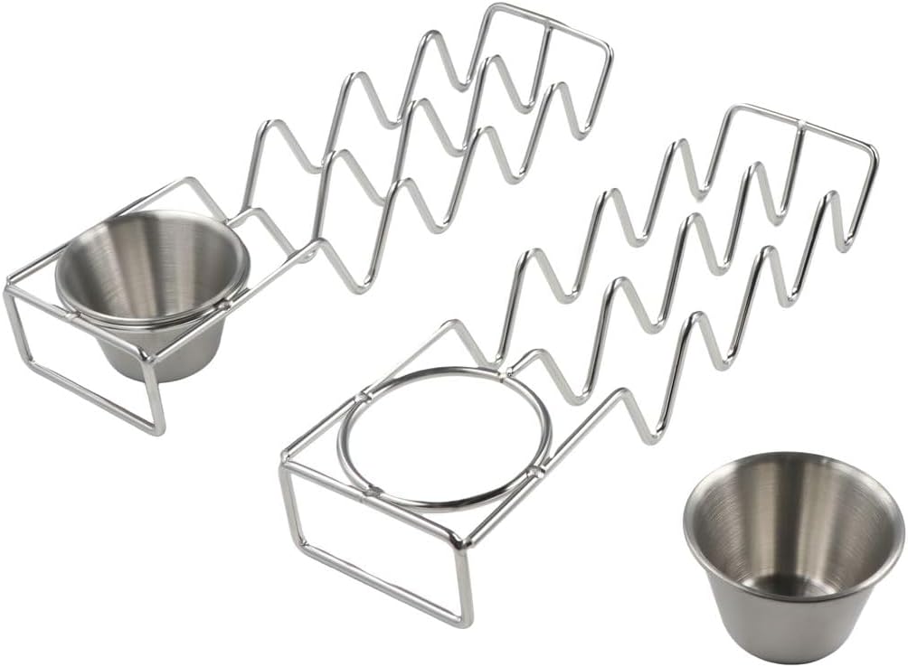 Taco Holders Set of 2, Stainless Steel Taco Shell Holder Stand Holds 4 Tacos Each, Taco Bar Serving Dishes with Sauce Bowl, Stackable Taco Tray Plates for Most Plates & Air Fryers
