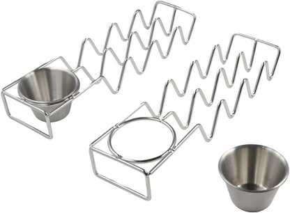 Taco Holders Set of 2, Stainless Steel Taco Shell Holder Stand Holds 4 Tacos Each, Taco Bar Serving Dishes with Sauce Bowl, Stackable Taco Tray Plates for Most Plates & Air Fryers