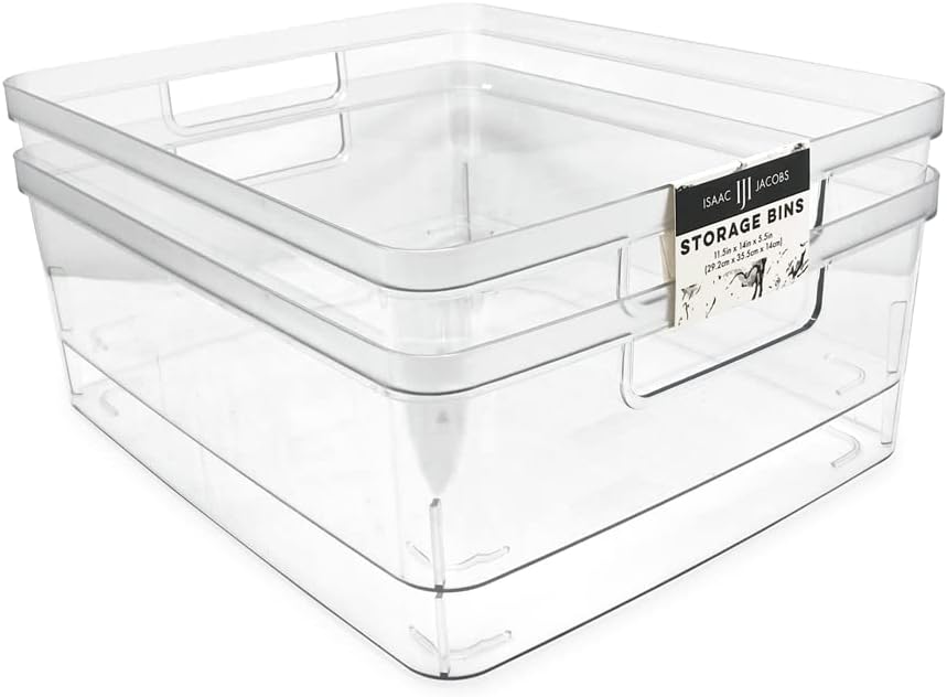Isaac Jacobs 2-Pack Extra-Large Clear Storage Bins (11.5” L x 14” W x 9” H) w/Cutout Handles, Plastic Organizer for Home, for Kitchen, Fridge, Pantry, BPA Free, Food Safe (2-Pack, Extra-Large)