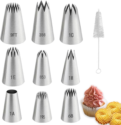 9PCS Large Piping Tips with brush,Sturdy Cake Piping Tip for Cookie Cupcake