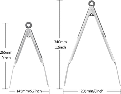 Metal Tongs for Cooking, Set of 2 Stainless Steel Spatula Tongs for Grilling, Cooking and Flipping, Strong Grip for Ribs, Steak and Fish, Comfortable Grip, Easy Pull Lock, 9 inch & 12 inch