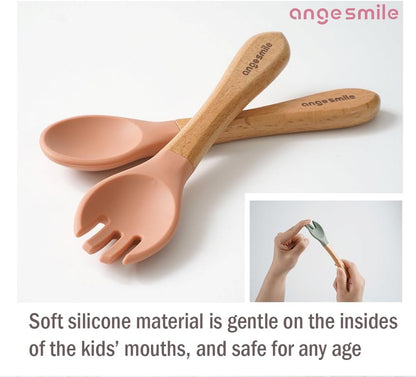 Baby Feeding Essentials Silicone Ange Smile 12 Set Bib, Baby Bowl, Suction Plate, Spoon, Fork Eating Utensils for 6+ Months Kids Toddler Kawaii (Pink)
