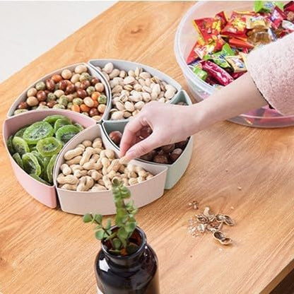 Snack Box with Lid and Handle, Divided Tray Large Round Plastic, Colorful Compartments Serving Box for Biscuit,Candy,Nut,Picnic,Party Food Container, Easy Distinguish Sealed Fruit Organizer Platter