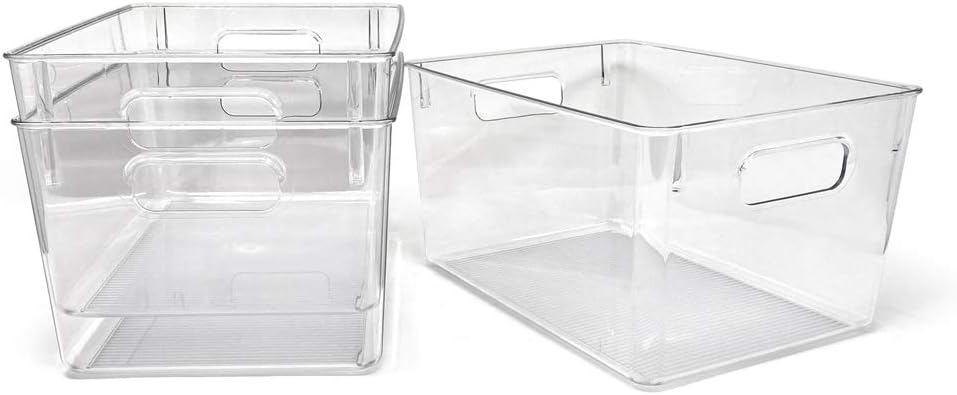 Isaac Jacobs 3-Pack Medium Clear Storage Bins with Handles, Plastic Organizer for Home or Fridge/Freezer, Pantry and Kitchen Non-Slip Container Set, BPA Free, Food Safe (3-Pack, Medium)
