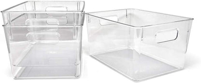 Isaac Jacobs 3-Pack Medium Clear Storage Bins with Handles, Plastic Organizer for Home or Fridge/Freezer, Pantry and Kitchen Non-Slip Container Set, BPA Free, Food Safe (3-Pack, Medium)
