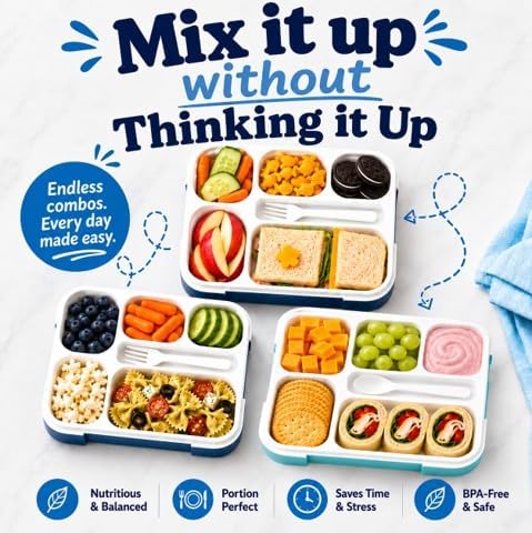 kinsho Lunch Box for Kids Boys Girls - Bento Box Set with Insulated Bag and Ice Pack, 6 Compartment Leak Proof Food Container, BPA-Free, Microwave Safe, Ideal for School & Work, Teal