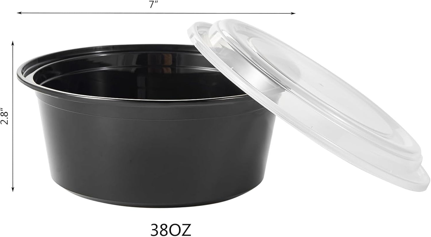 FULING 32 oz 50 ct Round Meal Prep Containers with Lids Plastic Food Storage Lunch Plan To Go Box Disposable Take Out Bowls Black BPA Free Reusable Durable Stackable Microwave Freezer Dishwasher Safe