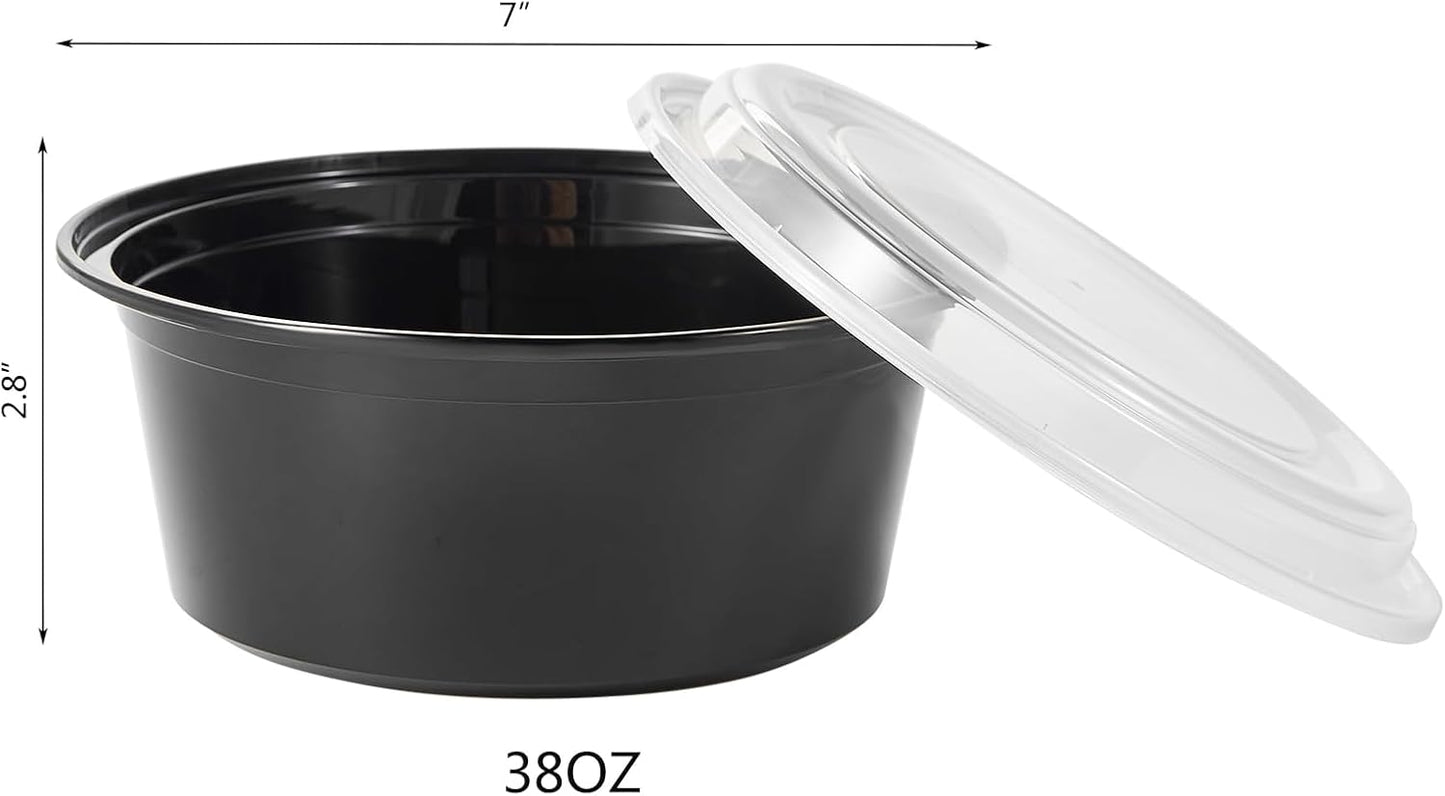 FULING 32 oz 50 ct Round Meal Prep Containers with Lids Plastic Food Storage Lunch Plan To Go Box Disposable Take Out Bowls Black BPA Free Reusable Durable Stackable Microwave Freezer Dishwasher Safe