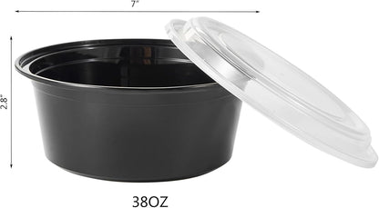 FULING 32 oz 50 ct Round Meal Prep Containers with Lids Plastic Food Storage Lunch Plan To Go Box Disposable Take Out Bowls Black BPA Free Reusable Durable Stackable Microwave Freezer Dishwasher Safe