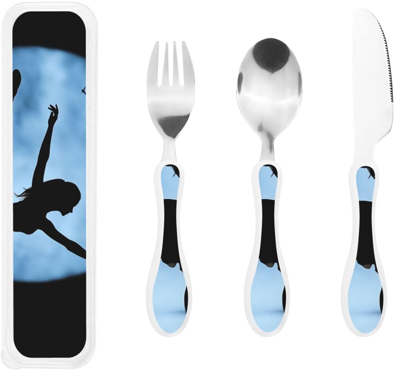 3-Piece Kids Silverware Set With Storage Case, Stainless Steel Reusable Children Safe Knife Spoon Fork Set Blue Active Girl Running Sunset Children Flatware Set For Kids Lunch Box - Colors C