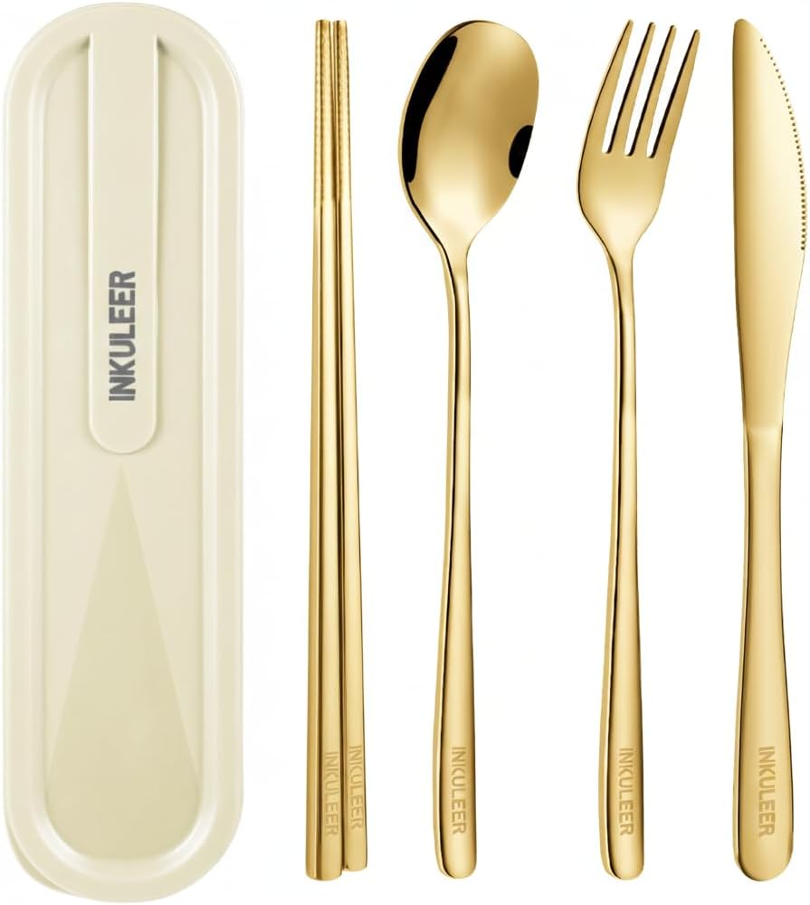 Travel cutlery set, 18/8 stainless steel cutlery, Reusable utensils set with case, Portable Silverware Lunch Box for Camping and Office (Green/knife set)