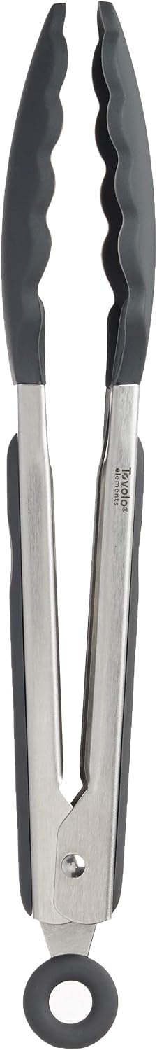Tovolo Stainless Steel Tongs with Silicone Tips Set of 3 Mini 7” 9” 12 Inch with Easy Lock Mechanism for Cooking Grilling Air Fryer Serving, Red Black Charcoal Gray Heat Resistant Kitchen Tongs