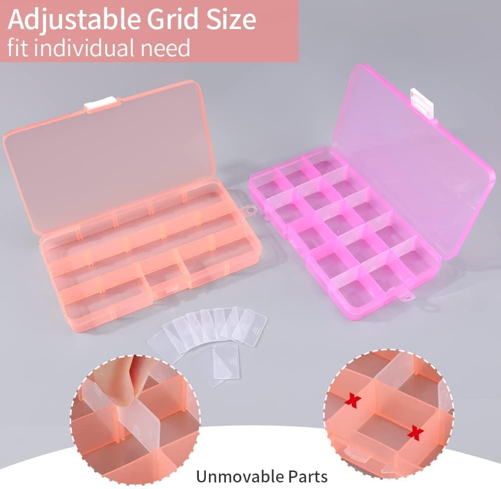 Opret 15 Grids Bead Organizer(4 Pack), Earring Organizer Box, SMALL Plastic Clear Organizing Containers with Adjustable Dividers for Crafts Jewelry Screws Small Items, Size 6.9×3.9×0.9in