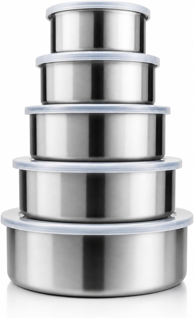 HANDIT 5-Piece Stainless Steel Food Storage Containers with Lids, Nesting Metal Bowls Set, Lightweight, BPA-Free Lids, Meal Prep & Leftovers, Freezer & Dishwasher Safe (8oz, 12oz, 16oz, 18oz, 32oz)