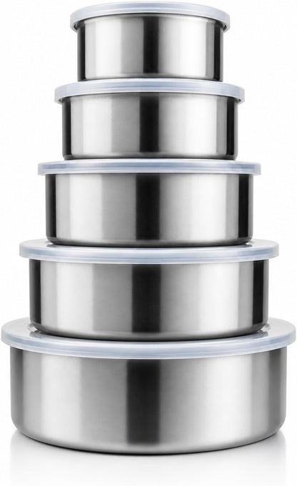 HANDIT 5-Piece Stainless Steel Food Storage Containers with Lids, Nesting Metal Bowls Set, Lightweight, BPA-Free Lids, Meal Prep & Leftovers, Freezer & Dishwasher Safe (8oz, 12oz, 16oz, 18oz, 32oz)